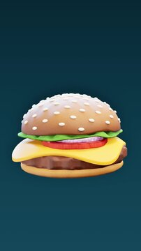 Cheeseburger on dark teal background with sesame bun melted cheese tomato lettuce and grilled beef patty. 3d rendering