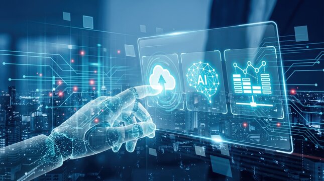 Cybernetic robotic hand touching virtual cloud computing interface, artificial intelligence and machine learning, big data analytics dashboard, futuristic city skyline