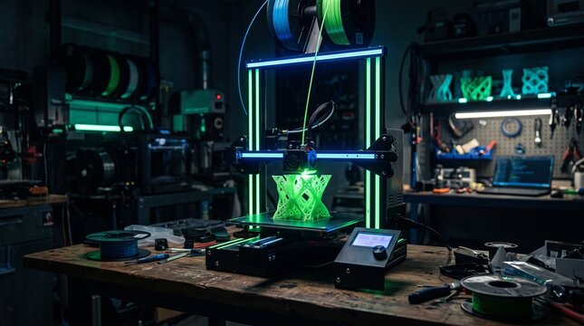 Modern 3D printer manufacturing a complex green geometric prototype in a dark high-tech workshop with neon lighting