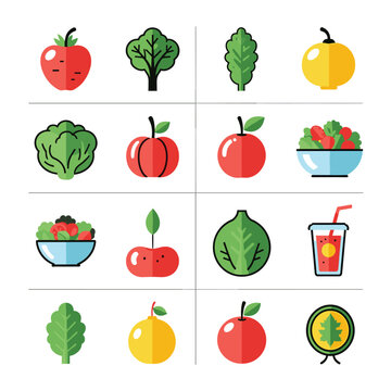 Colorful Flat Design Icons of Various Fruits and Vegetables.