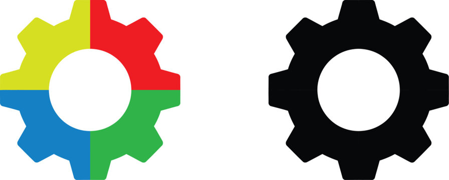 Collection of colorful and solid black gear cogwheel icons divided into four quadrants for industrial settings and business strategy themes.