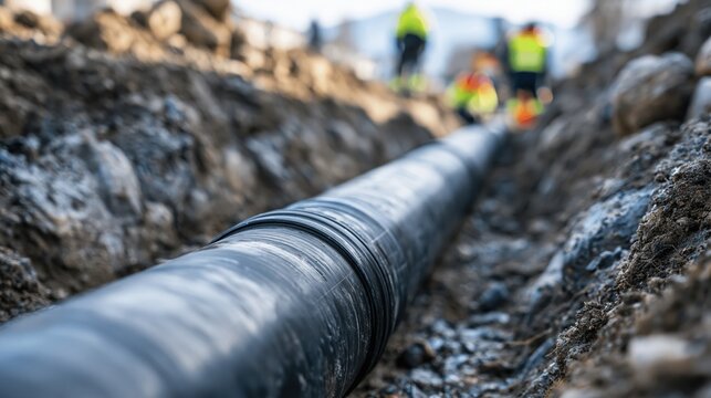 Workers in high visibility vests install large black pipe in a deep trench