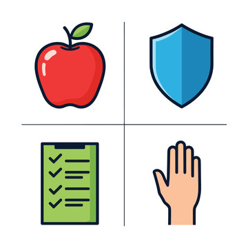 Health and Wellness Icons Set with Apple Shield Checklist Hand.