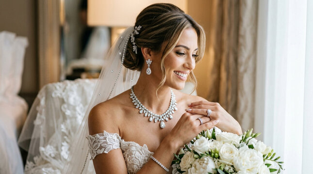Beautiful bride with elegant jewelry and white bouquet near window