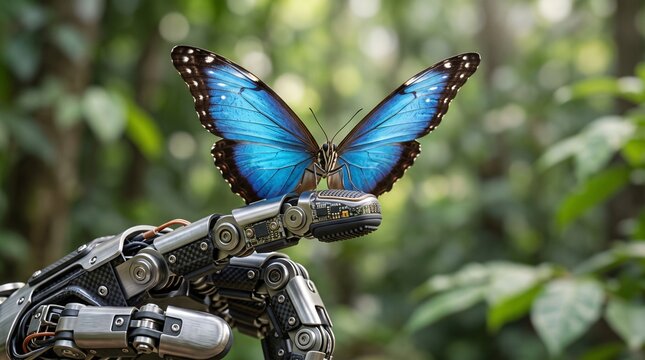 Metallic Robotic Hand Articulated Fingers Gently Holding Blue Morpho Butterfly Fingertip Sensors Macro AI Gentleness