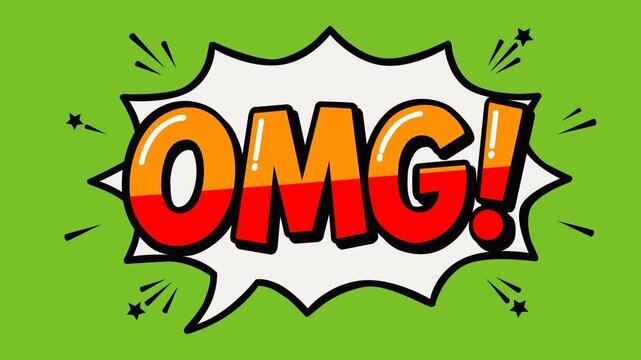 Animated OMG comic speech bubble text with bold colorful lettering on a green screen background