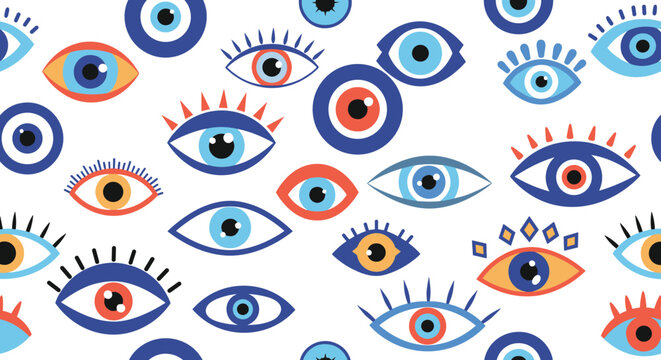 Seamless pattern of Greek evil eyes in blue, orange, and white colors for traditional protective amulet design.