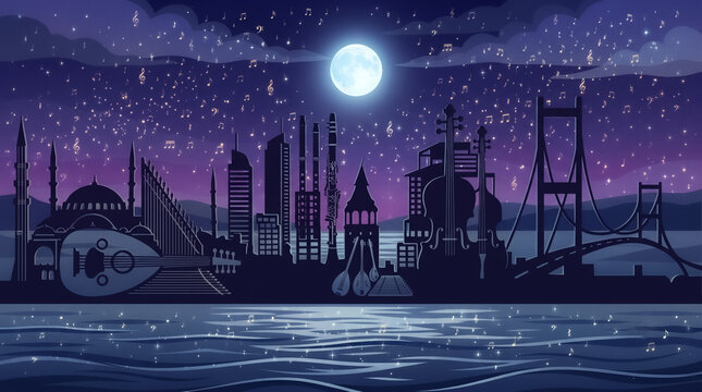 Vector illustration of Istanbul night skyline with musical instruments under a bright full moon