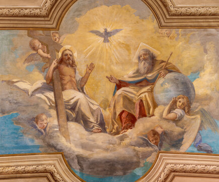 Pavia - The ceiling fresco of Holy Trinity in the church Chiesa di San Primo by unknown artist