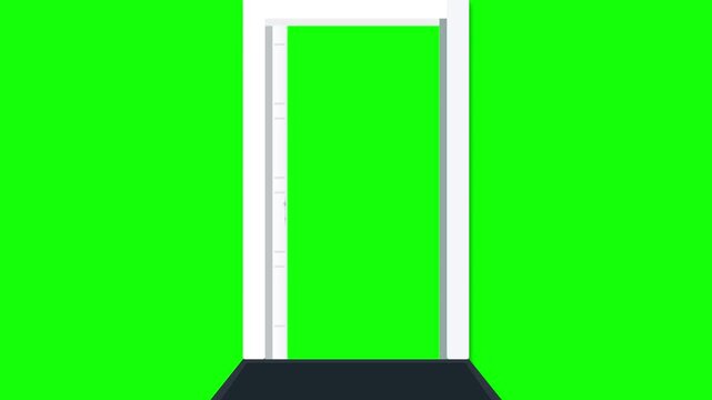 White door opening animation on green screen background, for easy compositing, chroma key