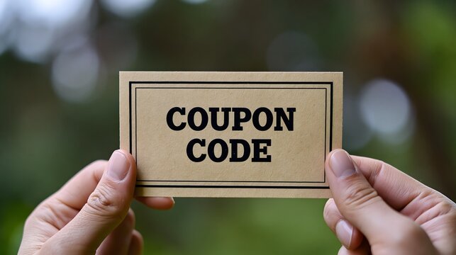 A Close-Up View of Hands Holding a Promotional Coupon Code Card against a Naturally Blurred Background, Symbolizing Discounts and Savings Opportunities