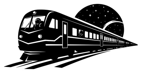 Space train with astronauts traveling to the moon and stars futuristic cosmic locomotive transport concept © Luka