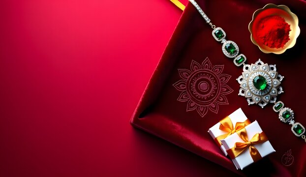 Luxury Raksha Bandhan Background with Emerald Rakhi Gift Boxes and Red Velvet Copy Space, premium gift box mockup