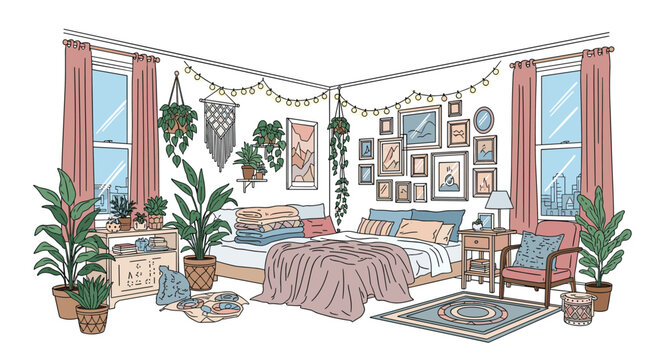 Cozy bedroom interior with bed, armchair, house plants, and gallery wall art doodle style vector illustration.