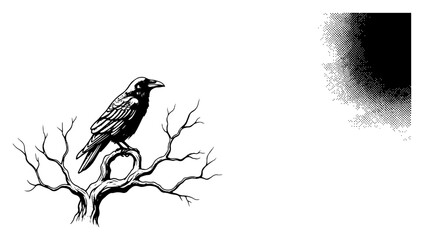 Naklejka premium Crow perched on dead tree branch with sun and halftone moon background gothic mystical nature illustration