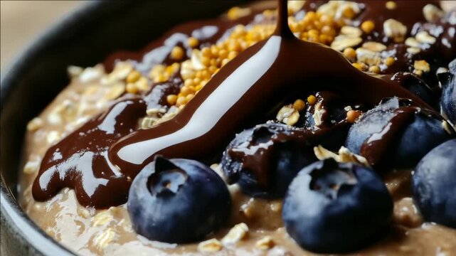 A tempting breakfast bowl with yogurt, granola, blueberries, and rich chocolate drizzle. Perfect start to a healthy day.