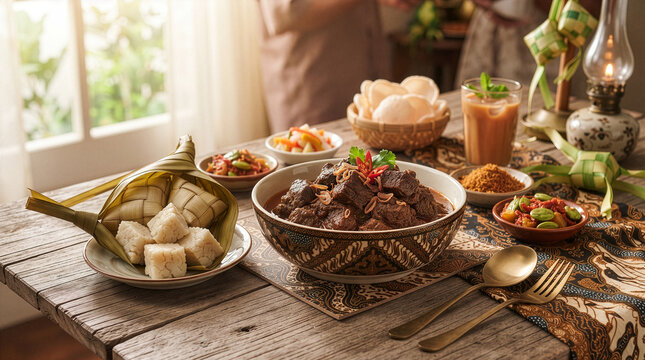 Indonesian Eid al-Fitr traditional food feast featuring beef rendang, ketupat rice cake, sambal goreng ati, crackers, and iced tea served on rustic wooden table with batik cloth during Hari Raya celeb