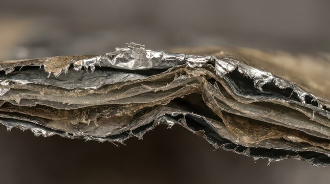 Layered metallic foil and fiber composite closeup showing torn edges and texture for material background and recycling detail