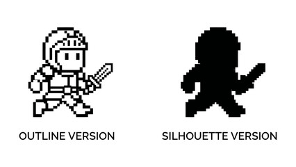 Fototapeta premium Pixelated Warrior: A graphic representation of a warrior in pixel art, shown in both an outline and a silhouette version, ready for digital adventure.