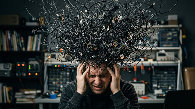 Overwhelmed technician with tangled wires on head, tech stress, mental overload.