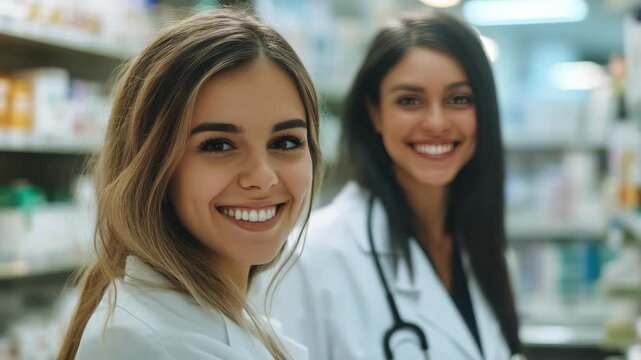 Two female doctors or nurses smiling together