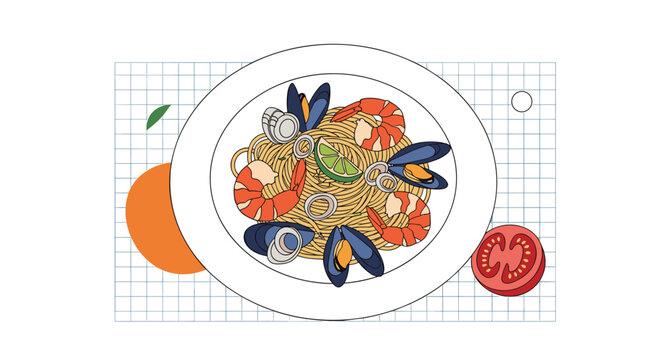 Fresh seafood spaghetti pasta plate with shrimp, mussels, clams, and lime slice vector flat lay illustration.