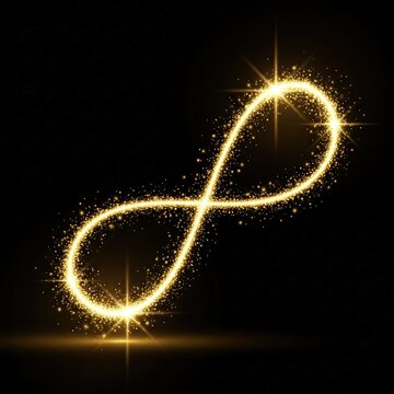 Golden infinity symbol made of glittering sparkles on black background.
