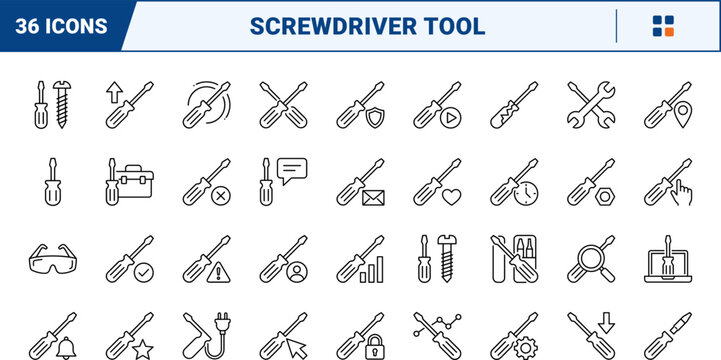 Screwdriver Web Icon Set in Linear Style. Collection of Hand Tool line icons, including check mark, settings, security, repair, short shaft, broken handle, cross bit, screw pairing and more.