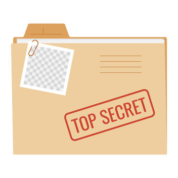 Folder with red TOP SECRET stamp and photo placeholder area with checkered background secured by paperclip. Clean minimalist office design for business, government, legal, or cybersecurity content