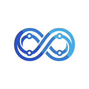 Blue infinity loop symbol with digital connection nodes