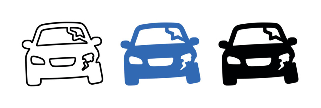 Three damaged car icons in different styles, showing cracked windshields and broken headlights on a white background