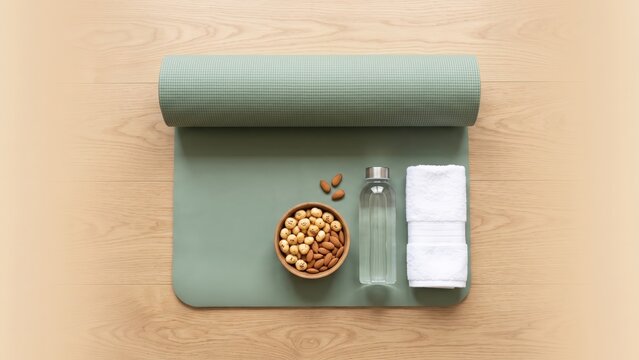 Yoga Mat and Vrat Snacks &ndash; Healthy Wellness Flat Lay Banner.