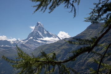 Obraz premium The Matterhorn peak over the Mattertal valley in Walliser aslps.