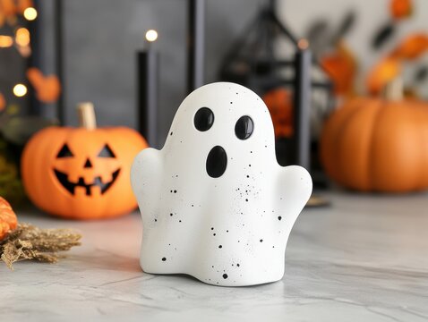 A cute little ceramic ghost figurine stands on a wooden table next to pumpkins and warm, soft golden holiday bokeh lights in the background.
