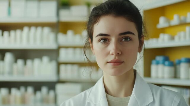 Young female pharmacy worker wearing white lab coat and apron, smiling for the in a retail or hospital setting with rows of prescription medication bottles in the background.