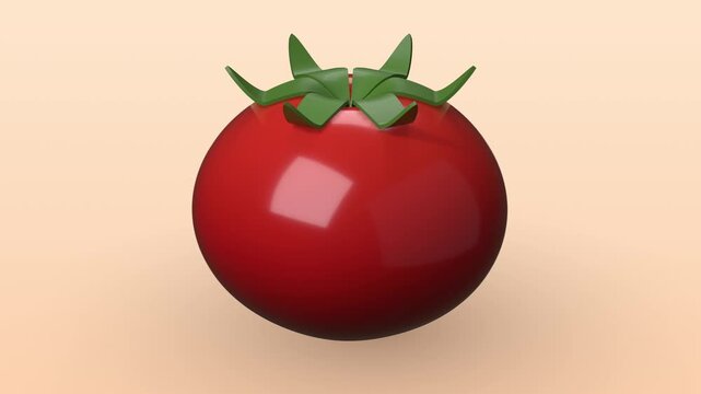 Red tomato on peach beige background with glossy ripe vegetable and fresh green leaves in minimal food style. 3d rendering