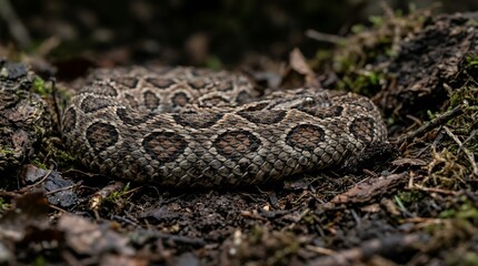 Obraz premium Camouflaged Adder Snake Coiled on Forest Floor, Wildlife Close-up
