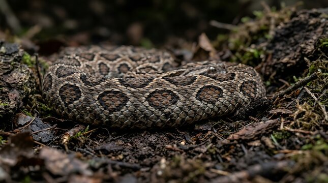 Camouflaged Adder Snake Coiled on Forest Floor, Wildlife Close-up