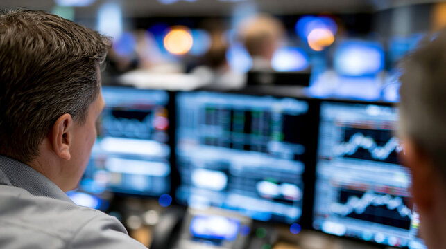 Zwei B&ouml;rsenh&auml;ndler analysieren Kursdaten im modernen Trading-B&uuml;ro