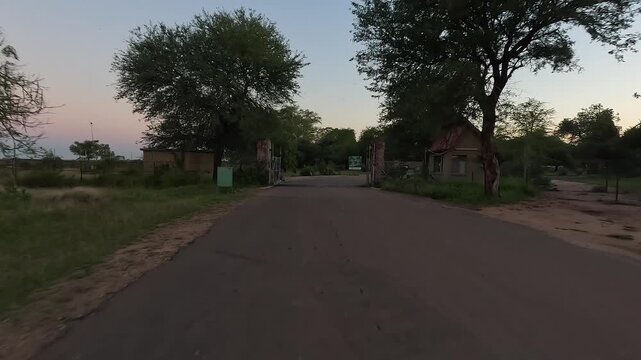 Driving through gate at Satara Safari Camp in Kruger National Park