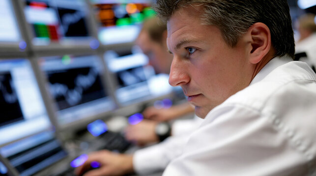 B&ouml;rsenh&auml;ndler blickt konzentriert auf Kursverlauf im Trading-B&uuml;ro