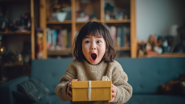 Child with thrilled expression opening gift, Child with a delighted expression eagerly opening a colorful gift