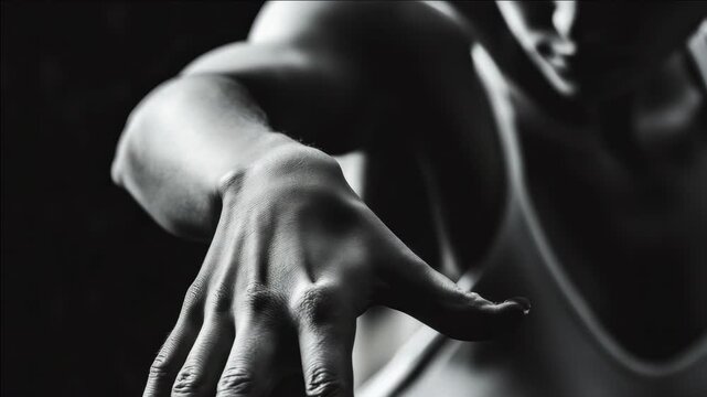 Black-and-white shot of a hand reaching forward. Strong contrast highlights muscle and skin texture. Focal point on fingers extended in motion. Dark background isolates the hand's form