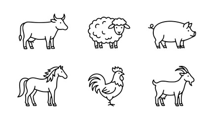 Fototapeta premium Minimalist vector graphic set featuring various cute black farm animals