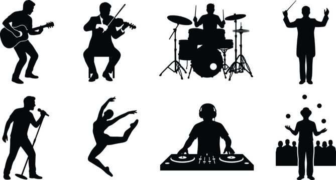 Performing Arts Silhouette Icons with Musicians, Singers, Dancers, DJs, and Entertainers