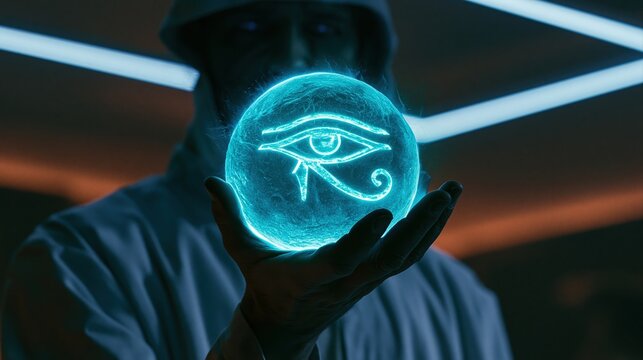 Mysterious hacker with glowing eye of horus sphere