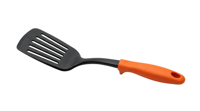 Black plastic kitchen spatula with an orange handle isolated on transparent background