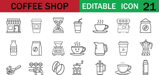 Fototapeta premium Editable coffee shop line icon set with café beverage equipment and barista symbols for menus, web, apps, branding, and print. Clean vector collection. Modern outline design style.