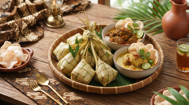 Traditional Indonesian Eid al-Fitr dish centered around woven ketupat served on a round bamboo tray tampah with opor ayam, beef rendang, sambal, and serundeng against a lush garden background.