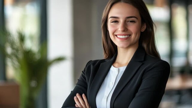 Confident woman smiles warmly in professional setting. She wears black blazer over white top. Arms crossed, she exudes calm assurance. Background shows blurred modern office space